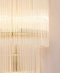 Luxe Copper Crystal Wall Sconce With Vintage Glass Rod Accent For Bedroom Entryway And Living Room Featuring Quick Install Kit, clear glass rods close-up.