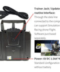 Back view of 10 Channel 2.4GHz RC Transmitter With FS-iA10B Receiver and upgrade cable, showing trainer jack and power details.