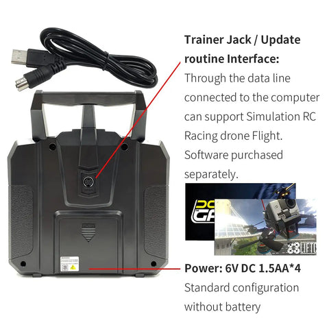 Back view of 10 Channel 2.4GHz RC Transmitter With FS-iA10B Receiver and upgrade cable, showing trainer jack and power details.