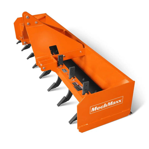 96 Inch Box Blade Scraper For Tractors With 8 Shanks, 3 Point Hitch Attachment, heavy duty steel frame, side view.