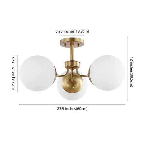 Dimensions of Brass Gold 3-Light Dope Mid Century Modern Semi Flush Mount Light With Frosted White Glass Globe Shade