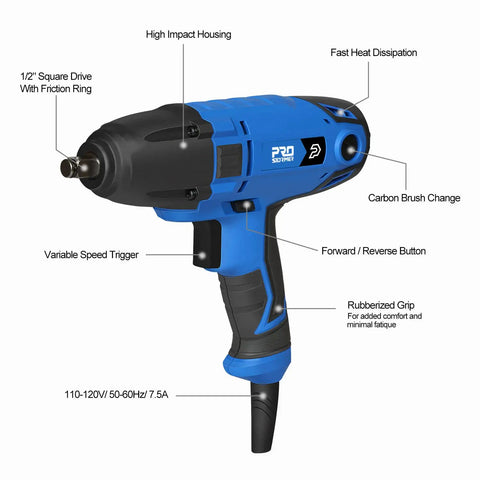 7.5 Amp Electric Impact Wrench 1/2 Inch Drive With 450 Ft Lbs Max Torque 3400 RPM side view showing features and design
