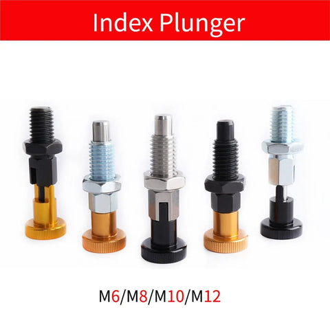 Heavy Duty Stainless Steel Indexing Pins And Self Locking Plungers With Coarse Thread Nuts In M6 M8 M10 M12 Sizes Plus Black Knobs for workshop jigs