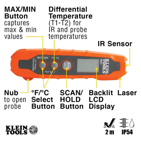 Diagram of IR07 Dual Infrared And Probe Pocket Size LCD Digital Thermometer buttons and features