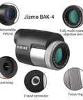 Dope Pocket 8x25 Monocular showing retractable eyecup, multicoated optics, BAK4 prism, and focus ring for bird watching and travel.