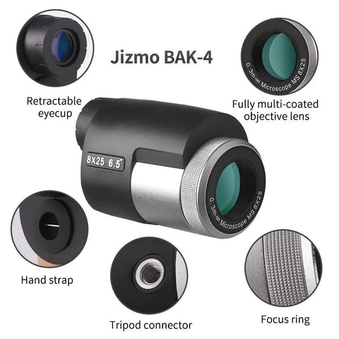 Dope Pocket 8x25 Monocular showing retractable eyecup, multicoated optics, BAK4 prism, and focus ring for bird watching and travel.