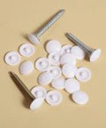 150 Pieces White Waterproof Self Tapping Screw Cap Covers, 12mm Diameter For 7-8mm Screws displayed with screws on a surface