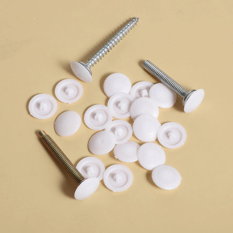 150 Pieces White Waterproof Self Tapping Screw Cap Covers, 12mm Diameter For 7-8mm Screws displayed with screws on a surface