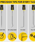 4 Piece Hook And Pick Set For Automotive And Home Repairs With Ergonomic Handles, Shop Grade Quality, Handy For Tackling Tight Spots, Includes Straight Pick Full Hook 90 Degree Hook And 135 Degree Hook, Great For O Ring Tasks, stainless steel tips