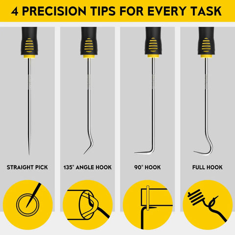 4 Piece Hook And Pick Set For Automotive And Home Repairs With Ergonomic Handles, Shop Grade Quality, Handy For Tackling Tight Spots, Includes Straight Pick Full Hook 90 Degree Hook And 135 Degree Hook, Great For O Ring Tasks, stainless steel tips