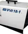 Compact Powerhouse Electric Forced Air Portable Heater With Adjustable Thermostat, white and black unit with handle.