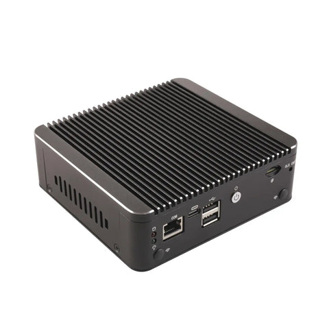 Top Shelf Micro Firewall Appliance Mini Pc With Pentium Gold 6405u Processor And Four 2.5Gbe Lan Ports Dope Vpn Routing Hella Fast Network Config Barebone Kit Ready To Roll, black compact design with ports.