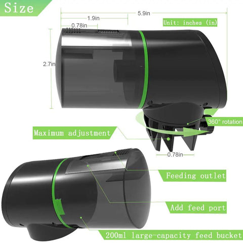 Programmable Automatic Fish Feeder With Digital Timer And Usb Rechargeable Design For Aquarium Tanks size dimensions and feeding features diagram.
