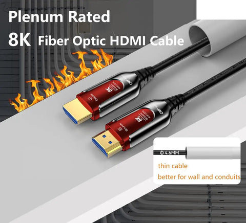 Heavy Duty 65 Foot Fiber Optic HDMI 2.1 Plenum Rated CMP In Wall Cord Delivers 8K At 60Hz And 4K At 120Hz With 48Gbps Bandwidth, male connectors.