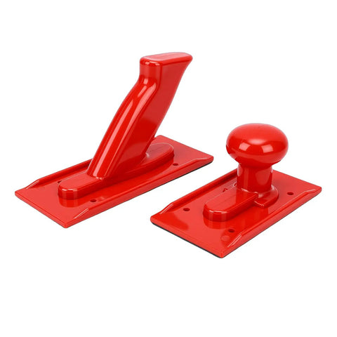 Safety Table Saw Push Block Set 2 Pack with rounded handle and angled grip for woodworking, includes red plastic blocks.