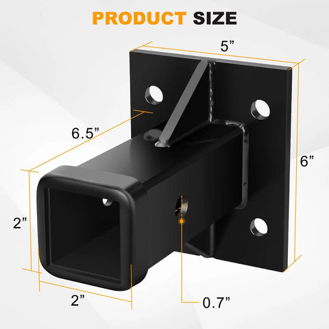 Bolt On Receiver Tube Adapter And Wall Mount Hitch With 2 Inch Opening, showing dimensions of 6x6.5x5 inches.