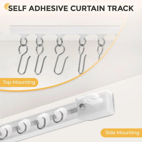 No Drill Self Adhesive Curtain Track For Ceiling Or Wall Mount 5.4 Feet Long Unbendable And Cuttable Supports Up To 18 Pounds Lightweight Durable Plastic Ideal For RV Windows Living Room Bedroom Curtains, top and side mounting