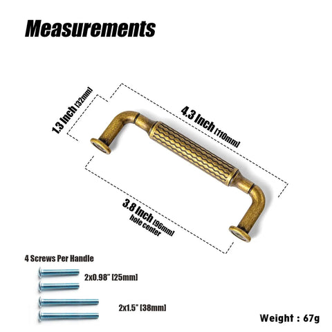 Antique Brass Cabinet Pulls Set measurements, Solid Zinc Alloy Drawer Handles, 3.8 Inch Center, Old School Retro Tapered Style