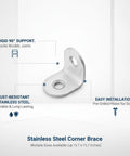 Stainless Steel 90-Degree Corner Brace For Furniture Joints And Shelf Support with pre-drilled holes, durable silver finish