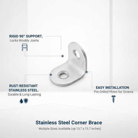 Stainless Steel 90-Degree Corner Brace For Furniture Joints And Shelf Support with pre-drilled holes, durable silver finish
