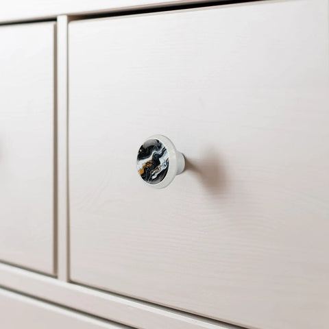 Premium 4 Pack 1.37 Inch Round Marble Cabinet Knobs With A Fresh Black And White Liquid ABS Cabochon Glass Finish on drawer