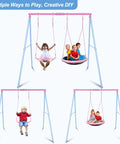 Heavy Duty A Frame Swing Set For Backyard With 440 Lb Capacity 32 Inch Saucer Swing And Belt Swing Seat Metal Outdoor Swing Stand In Pink For Kids And Adults featuring different swing configurations with children