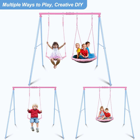 Heavy Duty A Frame Swing Set For Backyard With 440 Lb Capacity 32 Inch Saucer Swing And Belt Swing Seat Metal Outdoor Swing Stand In Pink For Kids And Adults featuring different swing configurations with children