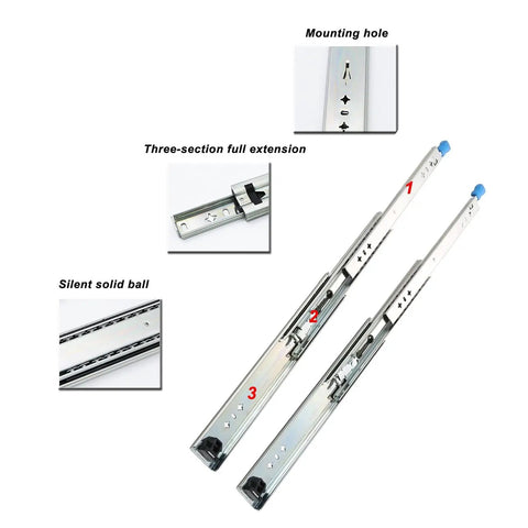 Beefy Heavy Duty 36-Inch Drawer Slides With 3-Fold Full Extension for cabinets and mods, showing extended sections and mounting holes.