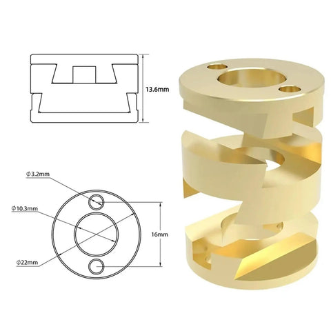 Upgrade Your 3D Printer Setup With Premium Brass Oldham Couplings For Z Axis T8 Lead Screw Round Shaft Flexible Hot Bed VzBot CNC Projects Reduce Friction And Boost Printing Precision Now. Brass Oldham coupling 13.6mm x 16mm, 3.2mm screw holes
