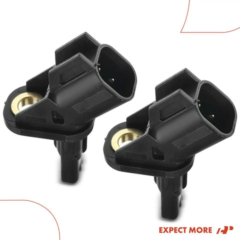 Front Left And Right Abs Wheel Speed Sensor Set For Mazda 3 And Mazda 5 Knockout Quality Direct Plug N Play Signal Pickup Replace Oem Parts. Close-up view of two black speed sensors.