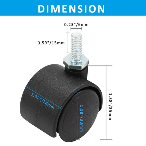 4 Pack 1 Inch Swivel Caster Wheels With M6 Threaded Stem Heavy Duty Nylon For Furniture Tables Cabinets Shelves, single wheel dimensions
