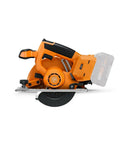 Built Tough Cordless Circular Saw For Zero Sweat Cold Cutting Sheet Metal And Pipe No Spark Action with an orange finish and exposed blade.
