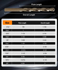 Size chart for Beefy 15Pc M35 HSS Drill Bit Set With 1/16 To 3/8 Inch Bits, showing flute and overall length dimensions.