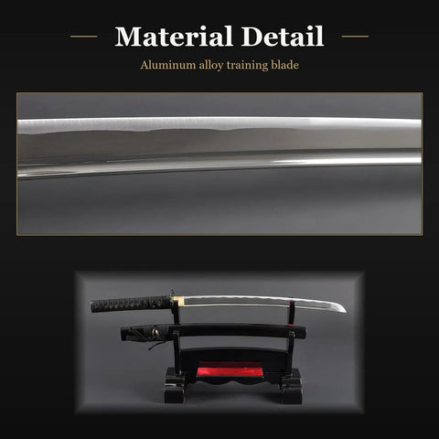 Close-up of an unsharpened aluminum iaido wakizashi training sword with twenty point five inch blade and fuller groove.