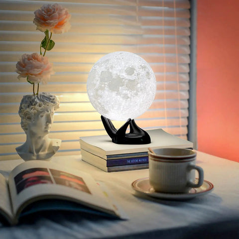 Moon Lamp 3D Printed Lunar Light With Black Stand 3.5 Inch Night Light USB Charging Touch Control Brightness on table