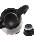 Heavy Duty 12V Car Electric Kettle With 1300ml Stainless Steel Body crafted for long haul drives, showing lid and inner view.