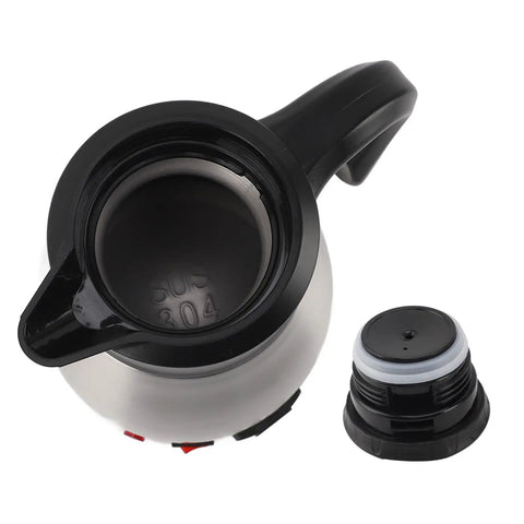 Heavy Duty 12V Car Electric Kettle With 1300ml Stainless Steel Body crafted for long haul drives, showing lid and inner view.
