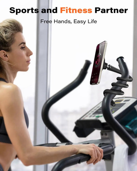 Flexible Gooseneck MagSafe Phone Holder for iPhone mounted on treadmill during workout