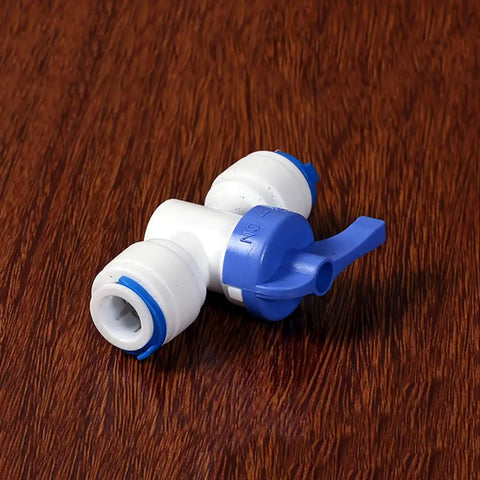 Three Eighths Inch Tube Shut Off Ball Valve With POM Quick Fitting Connector For Aquarium RO Water Filter And Reverse Osmosis System 9.52mm OD Tube Easy Install Water Line Shut Off, white-blue inline valve