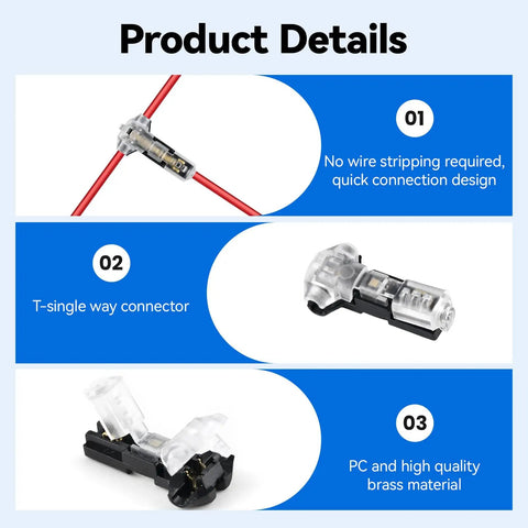 3 Way T Tap Wire Connectors For 18 22 AWG Wires Solderless No Stripping Quick Splice For Automotive LED Strip Audio And Speaker Wiring
