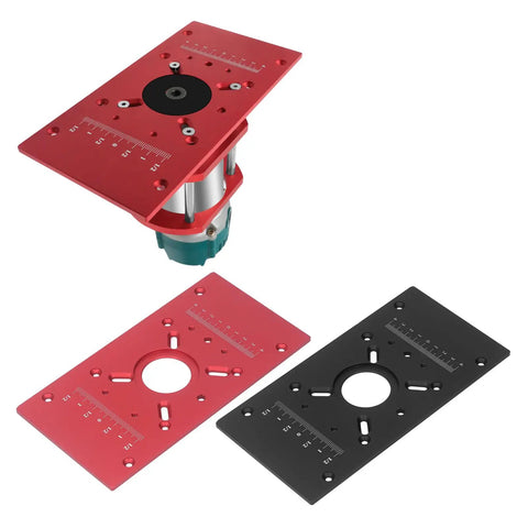 Top Shelf Aluminum Alloy Router Table Insert Plate With Wicked Smooth Lift System And Two Swap Ready Rings For Garage Woodworking Benches Shop Badass Heavy Duty Router Base Board Accessory Sharp Red Finish with two swap rings and ruler engraving.