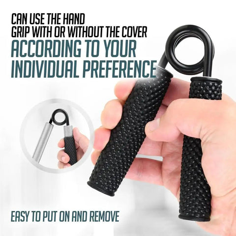 Person holding Metal Hand Grip Set 100Lb To 200Lb Three Pack No Slip Heavy Duty Grip Strength Trainer with black textured handle