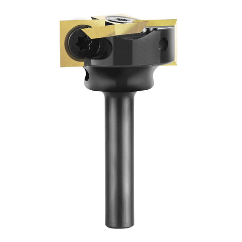Knockout Heavy Duty Spoilboard Surfacing Router Bit With Carbide Inserts Ats Coating, 1 inch cut diameter, quarter inch shank.