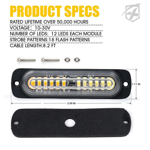 White Amber 12 LED Emergency Strobe Light Kit dimensions with flush mount, screws, and gasket shown.