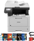 Kick Butt Heavy Duty Monochrome Laser All In One Printer With Automatic Duplex Print Scan Copy High Speed Office Workhorse Plug And Play Bundle Includes Usb And Hdmi Cables on a desk with software packages and cables.