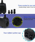 Submersible Fountain Pump With 400 GPH 1800 LPH, Ultra Quiet 25W, 12 LED Colorful Lights, 3 Nozzles, 6 Foot Cord, suction cups view
