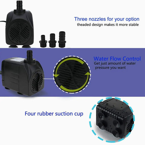 Submersible Fountain Pump With 400 GPH 1800 LPH, Ultra Quiet 25W, 12 LED Colorful Lights, 3 Nozzles, 6 Foot Cord, suction cups view