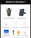 What's in the box for 4K Dual Lens Cellular Security Camera With 4G LTE SIM Card Included: camera, solar panel, SIM card, accessories.