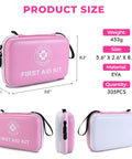 Pink/white dual-color hard-shell first aid kit with 305 pieces and white FIRST AID KIT label.