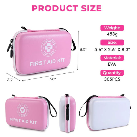 Pink/white dual-color hard-shell first aid kit with 305 pieces and white FIRST AID KIT label.